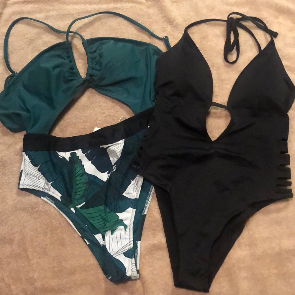 One-piece Cut Out Bathing Suits - Black and Green Floral, Set of 2